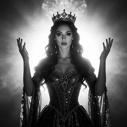 Dramatic Black and White Portrait of Woman in Royal Crown and Ornate Gown