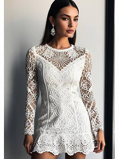 Woman Chic White Lace Mini Dress Round Neckline Long Sleeves