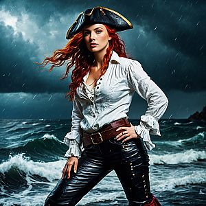 Confident Woman on Stormy Shoreline in Pirate Outfit