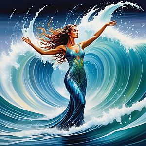 Woman in Elegant Dress Amidst Ocean Waves