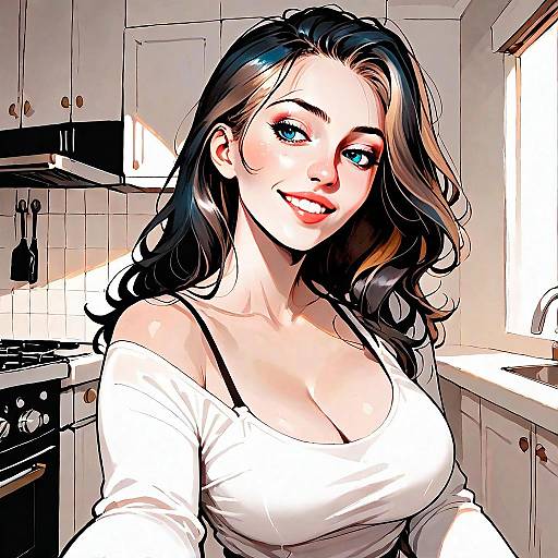 Smiling Woman with Blue Eyes in Modern Kitchen Digital Artwork