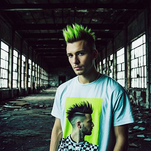 Young Man with Neon Green Spiked Hair in Abandoned Industrial Building