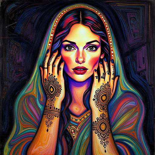 Digital Portrait of Woman with Henna and Colorful Cloak