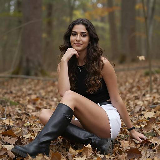 Confident Woman Sitting on Autumn Leaves in Forest Wearing Black Boots and White Shorts