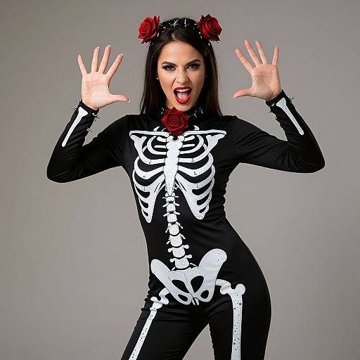 Woman in Black Skeleton Costume with Red Roses Halloween Outfit