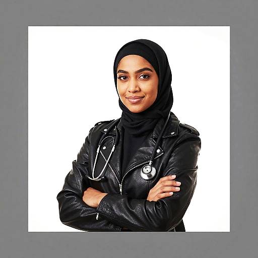 Confident Young Woman Doctor Wearing Black Hijab and Leather Jacket with Stethoscope