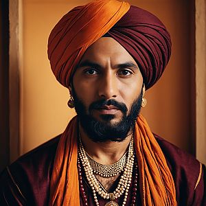 Man in Traditional Maroon and Orange Attire with Jewelry