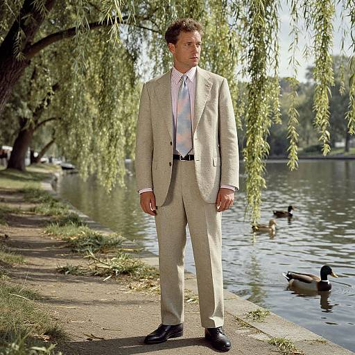 Man in Beige Suit Standing by Riverside with Ducks and Weeping Willow Trees