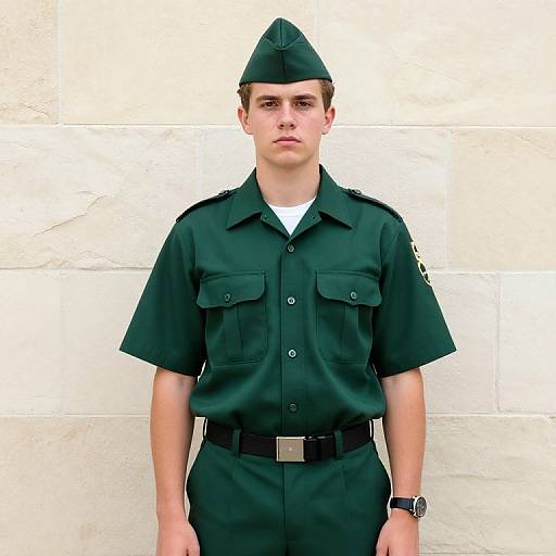 Young Man in Green Security Uniform Standing Against Stone Wall