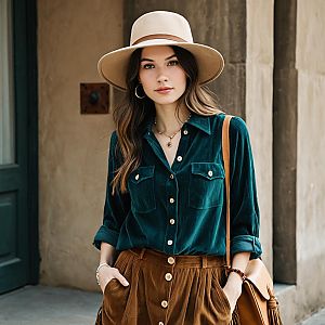Bohemian Woman Wearing Dark Teal Blouse with Rolled Sleeves and Brown Corduroy Pants