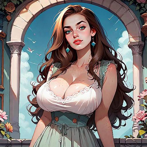 Beautiful Digital Illustration of Woman Under Stone Archway with Flowers