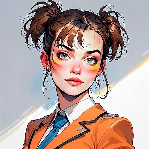 Vibrant Anime-Style Portrait of Young Woman with Green Eyes and Orange Jacket