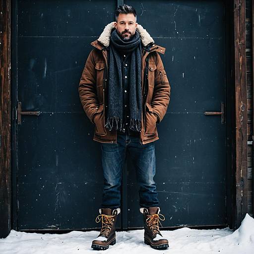 Cool Winter Fashion Man in Brown Shearling Jacket and Snow Boots