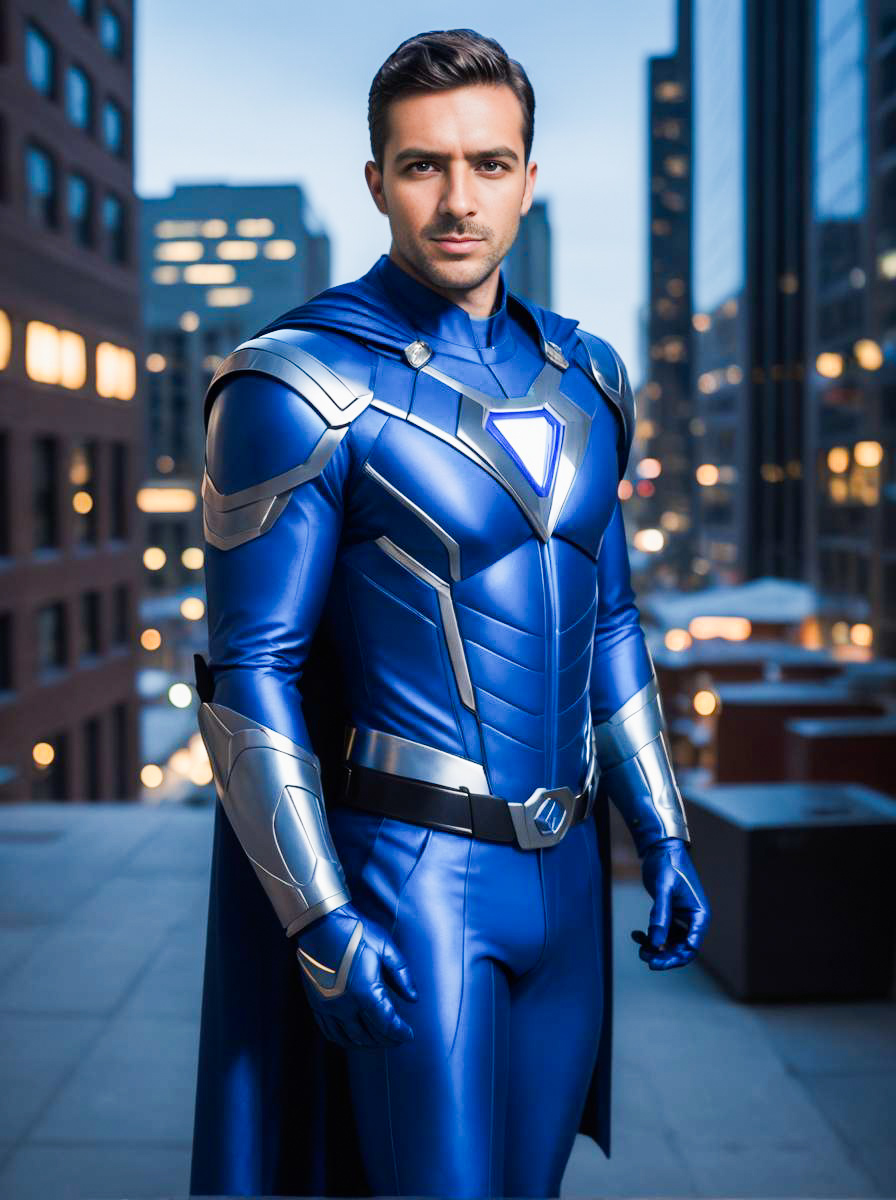 Cobalt Man Superhero Costume in Urban Setting