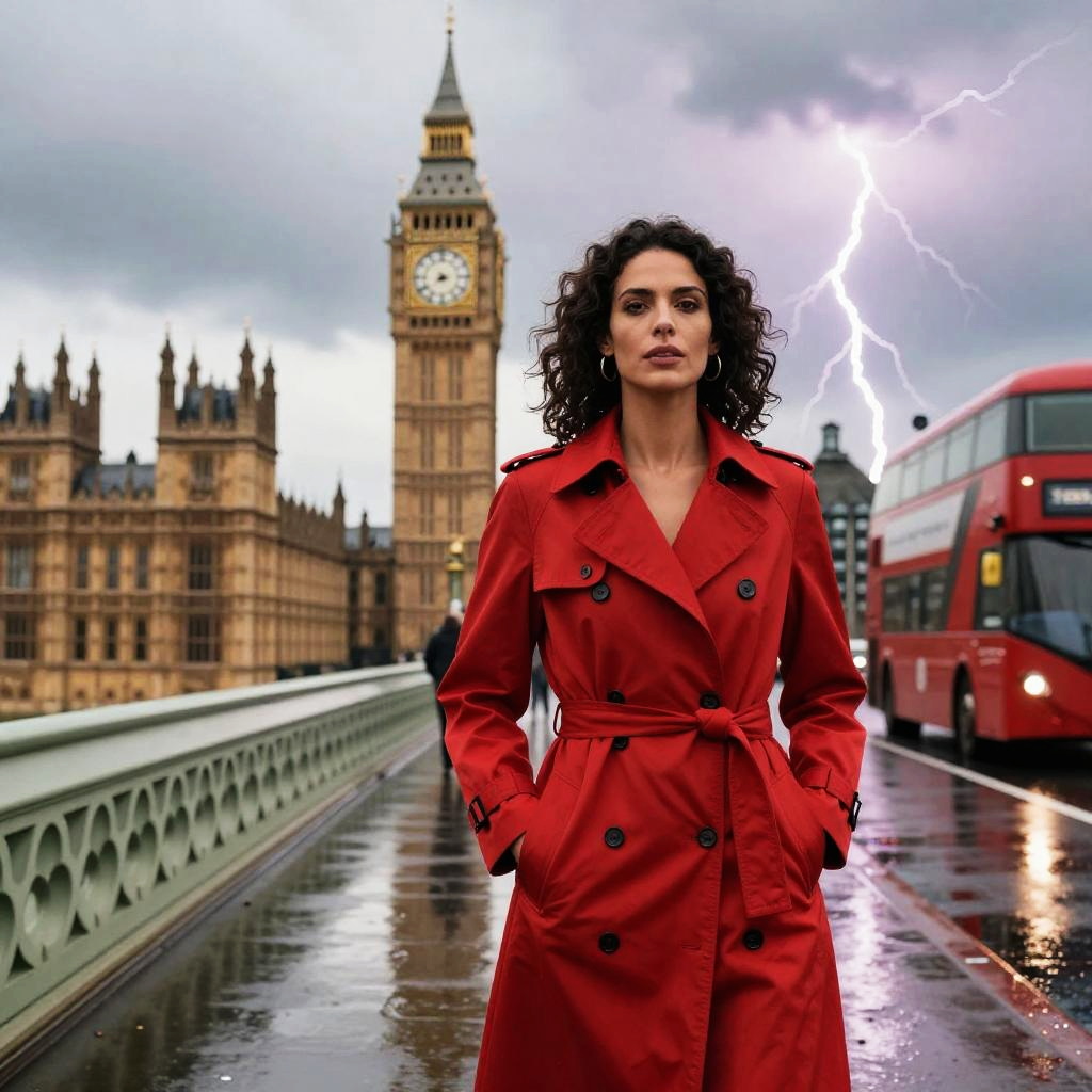 Woman in Red Trench Coat on London Bridge with Big Ben and Lightning