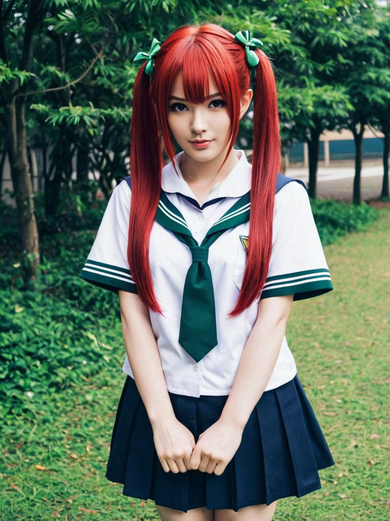 Andou Ringo Red Hair Woman in Japanese School Uniform Cosplay