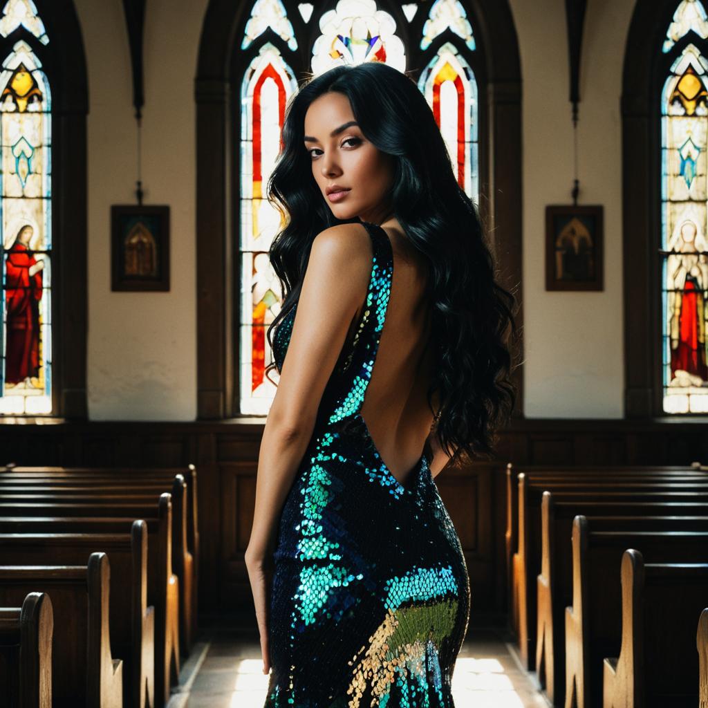 Woman in Backless Sequin Gown Inside Church with Stained Glass