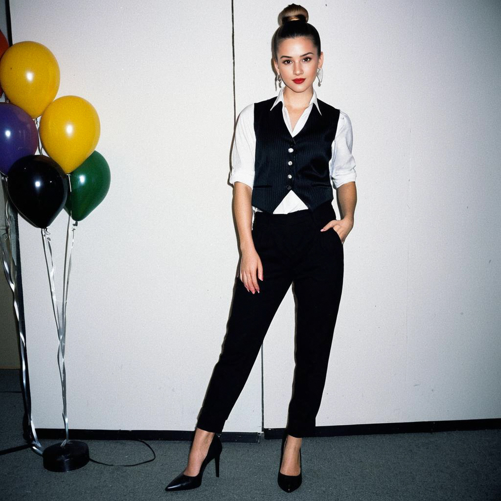 Confident Woman in Black Pantsuit with Balloons Confident Woman in Black Pantsuit with Balloons