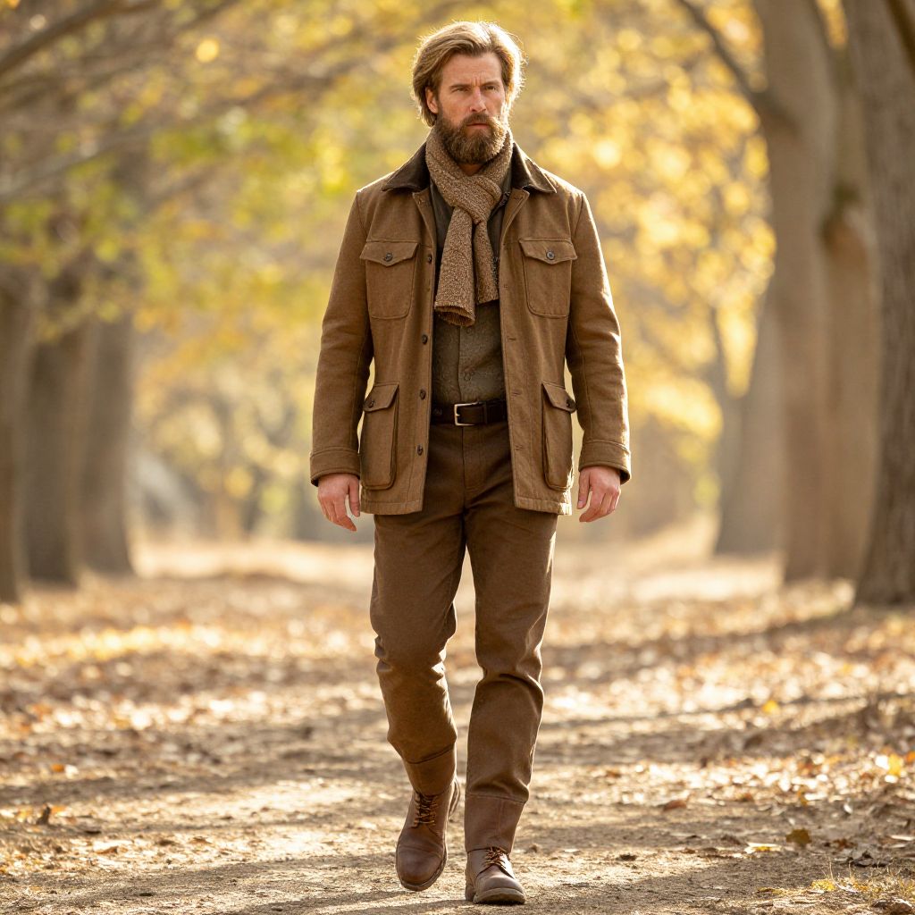 Man Walking on Autumn Path Wearing Brown Outfit
