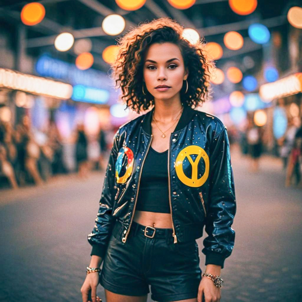 Stylish Woman in Urban Street with Colorful Lights