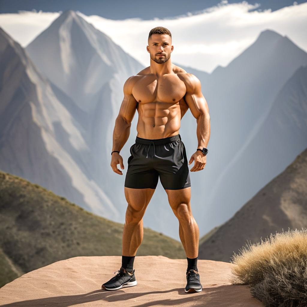 Muscular Man on Rocky Outcrop in Mountains