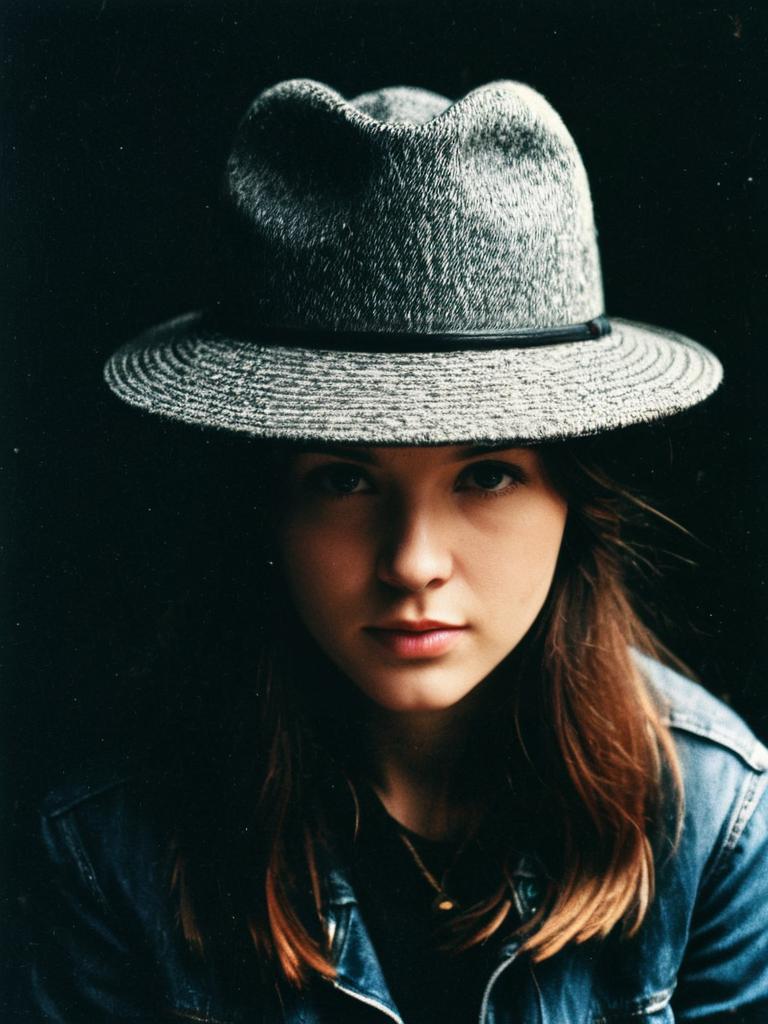 Close-Up Portrait of Woman Wearing Gray Fedora Hat with Denim Jacket