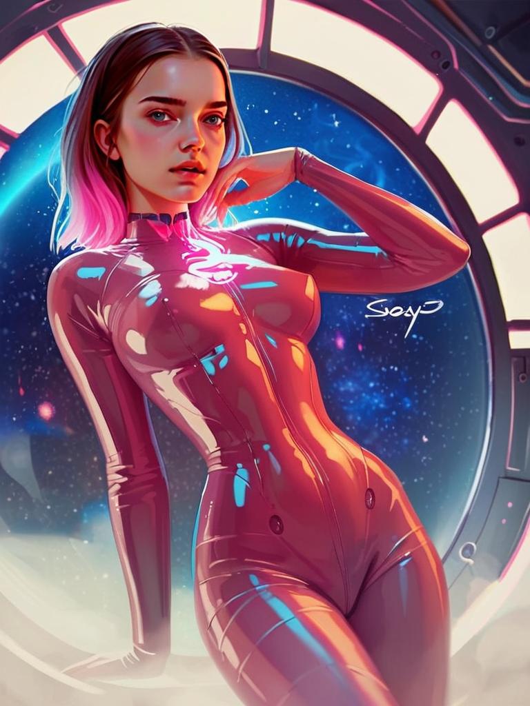 Futuristic Woman in Pink Bodysuit Digital Illustration Space Sci-Fi