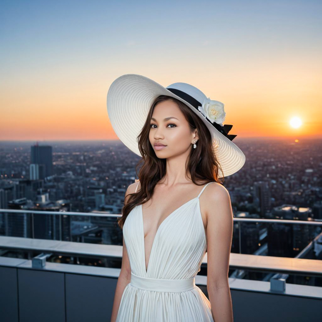 Elegant Woman in White Dress on Rooftop at Sunset Elegant Woman in White Dress on Rooftop at Sunset