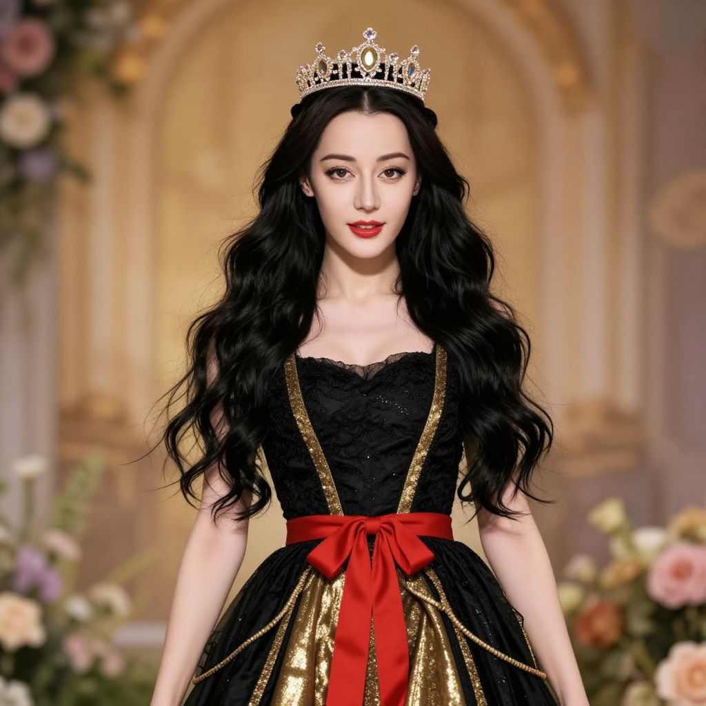 Elegant Woman in Black and Gold Royal Gown with Crown