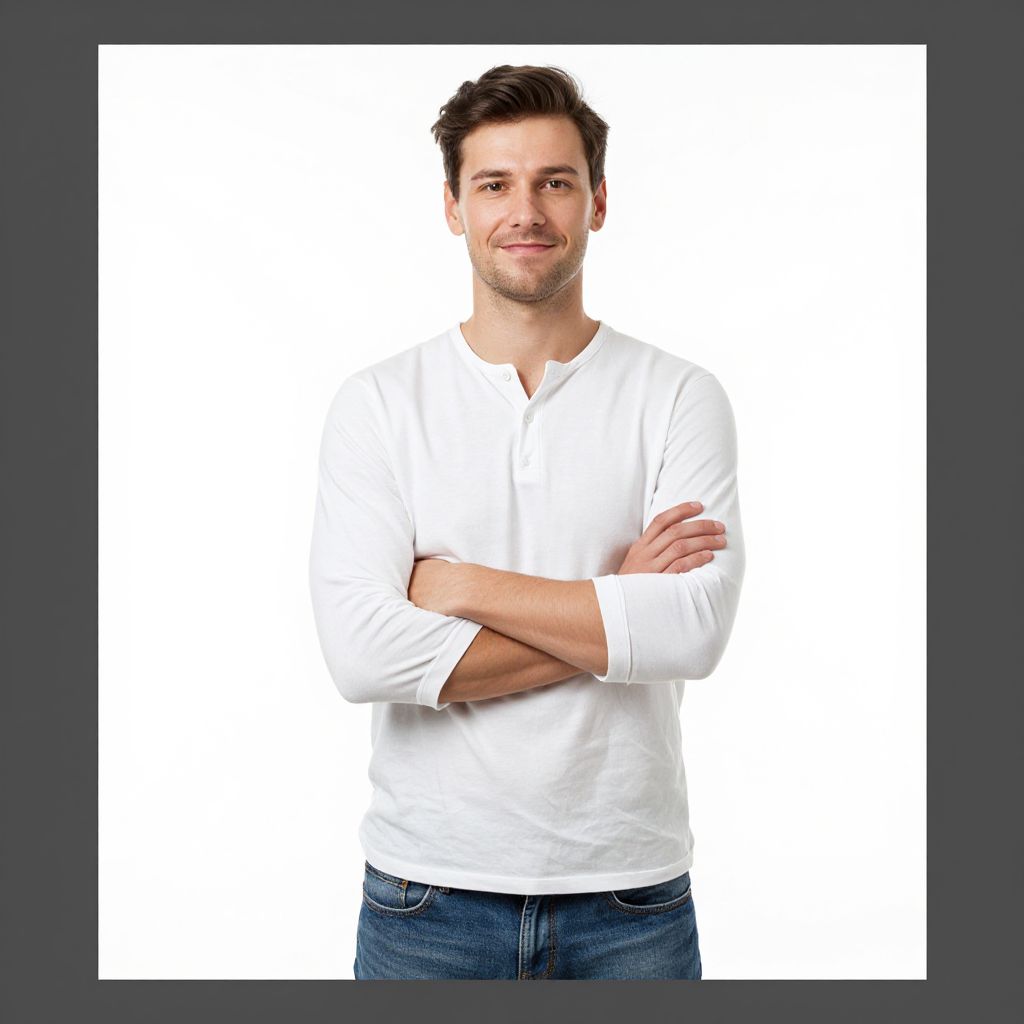Confident Young Man in White Shirt with Arms Crossed on White Background