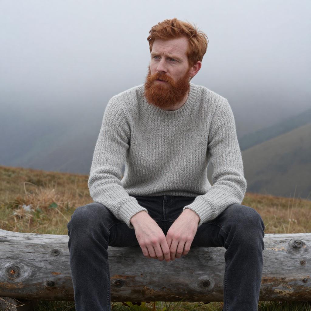 Thoughtful Red-Haired Man in Gray Sweater Sitting Outdoors on Log