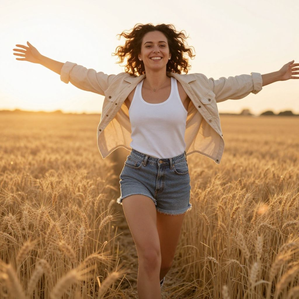 Happy Woman Running Through Wheat Field at Sunset