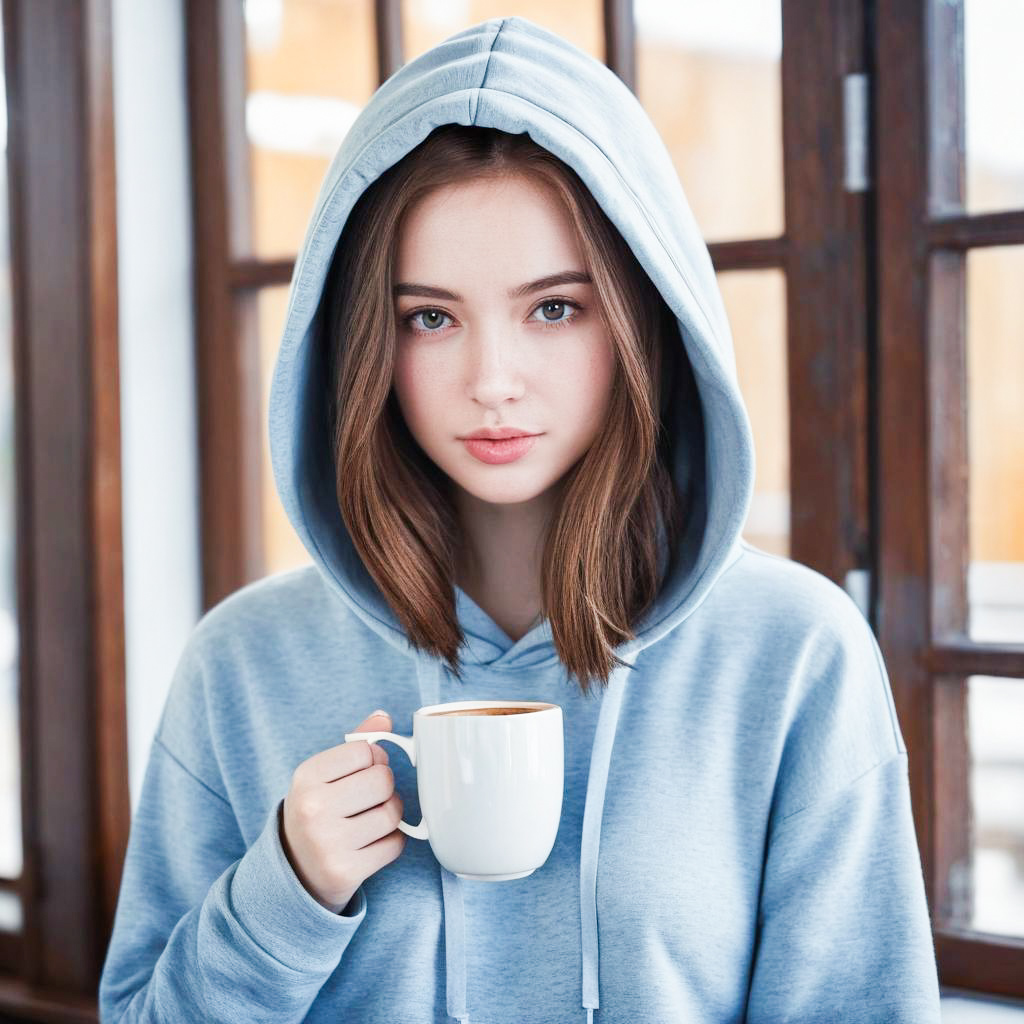 Young Woman in Light Blue Hoodie by Window with Coffee Young Woman in Light Blue Hoodie by Window with Coffee