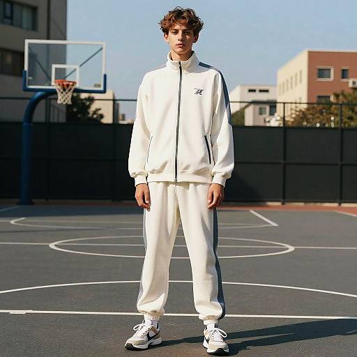 Teen Boy in White Tracksuit on Basketball Court Casual Streetwear