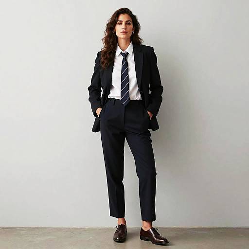 Confident Woman in Modern Black Business Suit with Tie