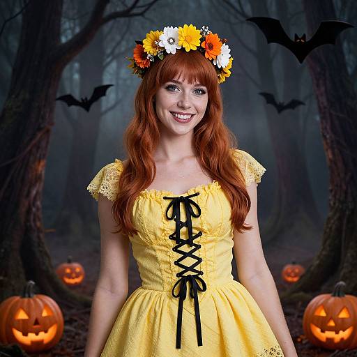 Smiling Woman in Yellow Dress with Flower Crown in Halloween Forest