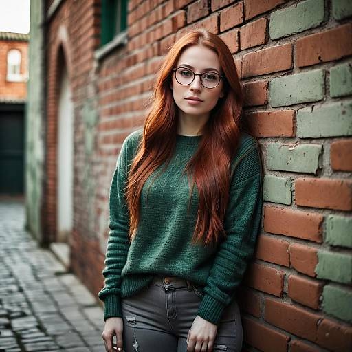 Young Woman with Red Hair and Glasses Leaning on Brick Wall in Urban Alley