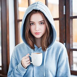 Young Woman in Light Blue Hoodie by Window with Coffee