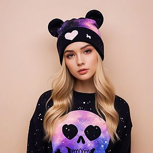 Young Woman in Bear Ears Beanie and Skull Sweater