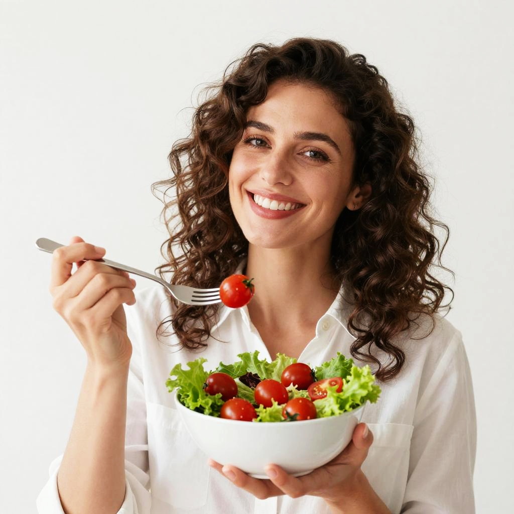 Woman Eating Fresh Salad with Cherry Tomatoes Healthy Lifestyle