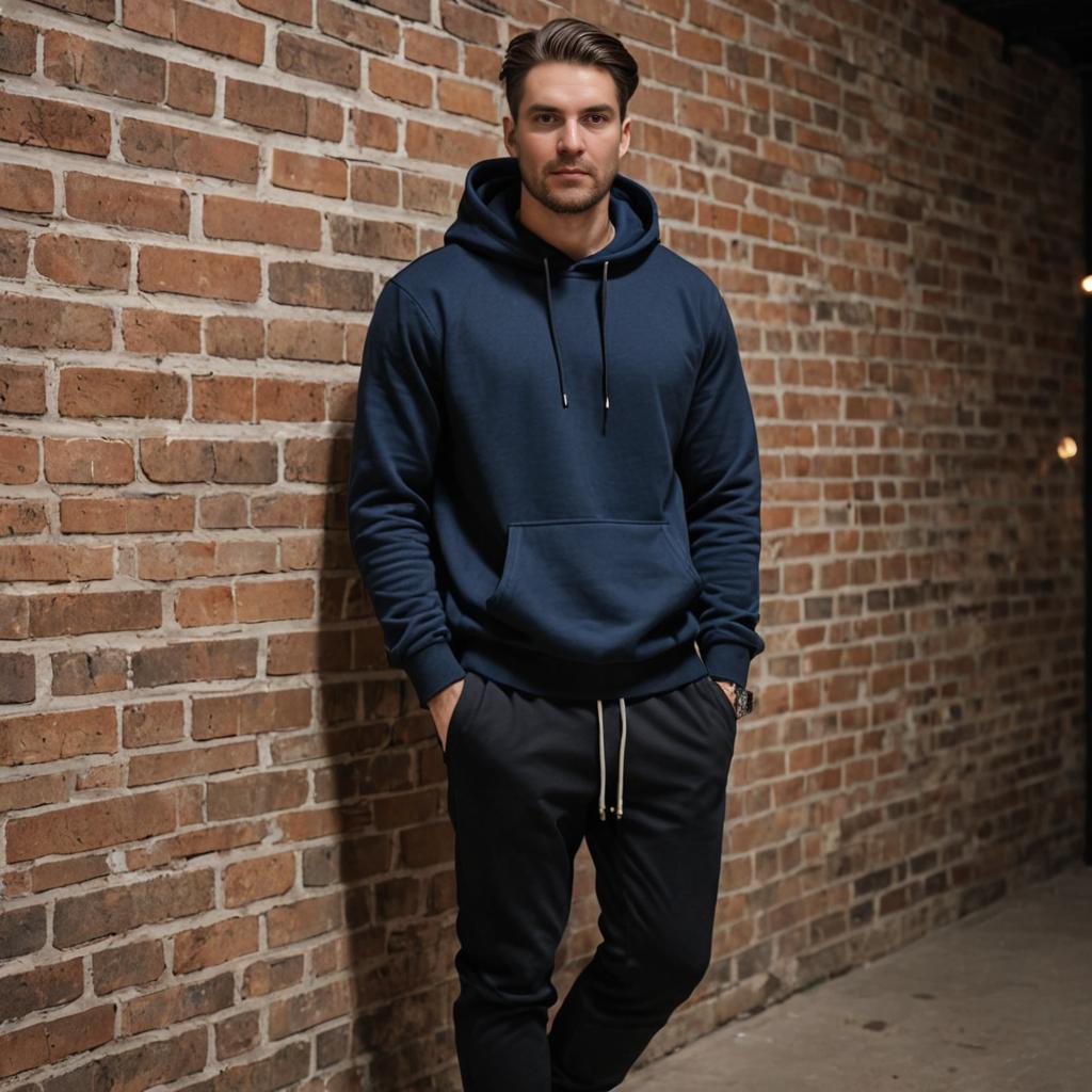 Confident Man in Stylish Hoodie Against Brickwork