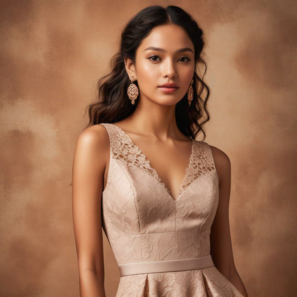 Elegant Young Woman in Beige Lace Dress Elegant Young Woman in Beige Lace Dress
