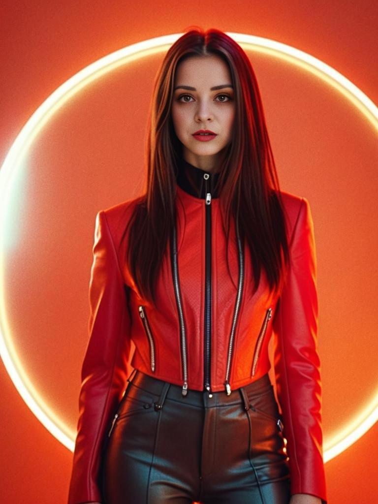 Woman in Red Leather Jacket Against Glowing Background