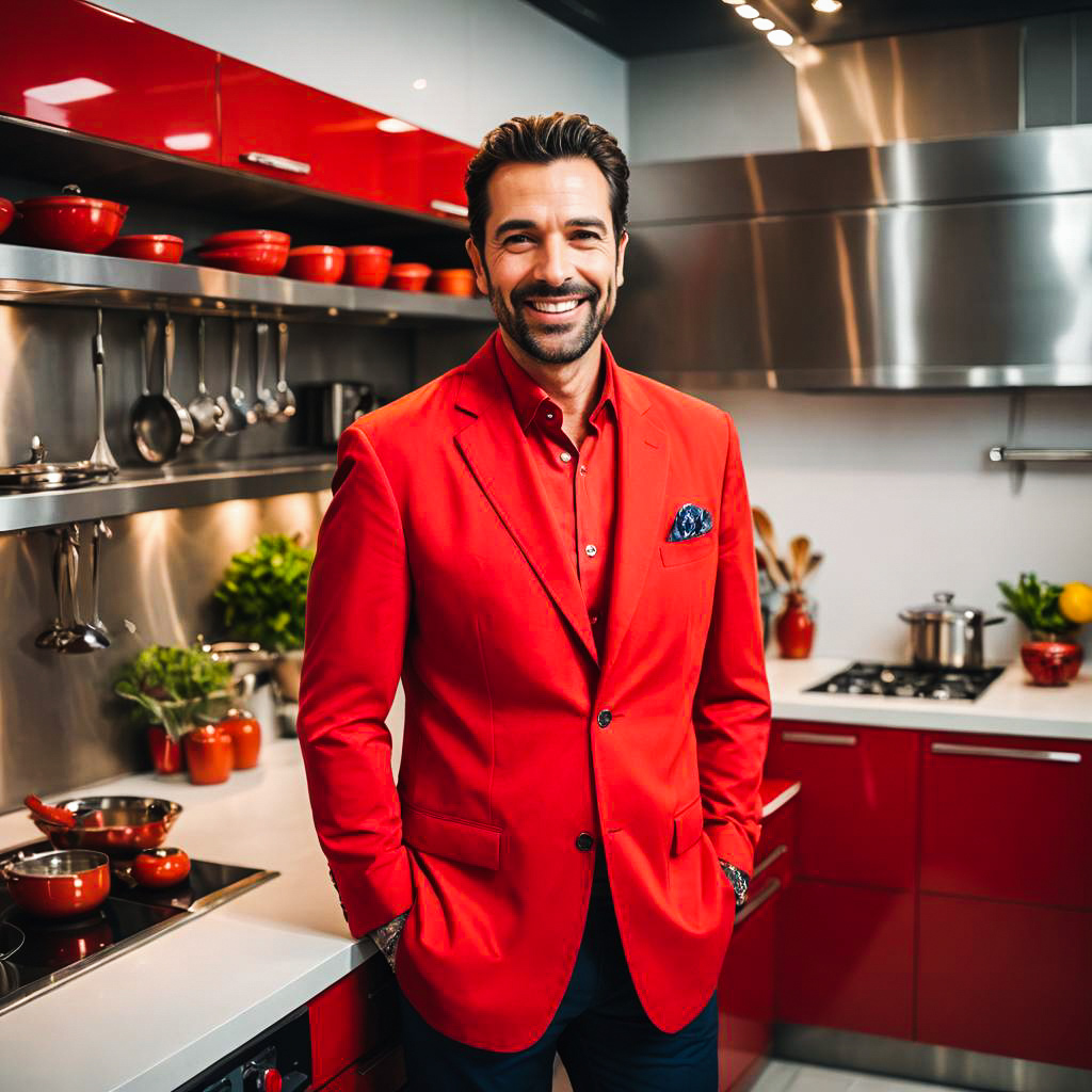 Smiling Man in Red Blazer in Modern Kitchen