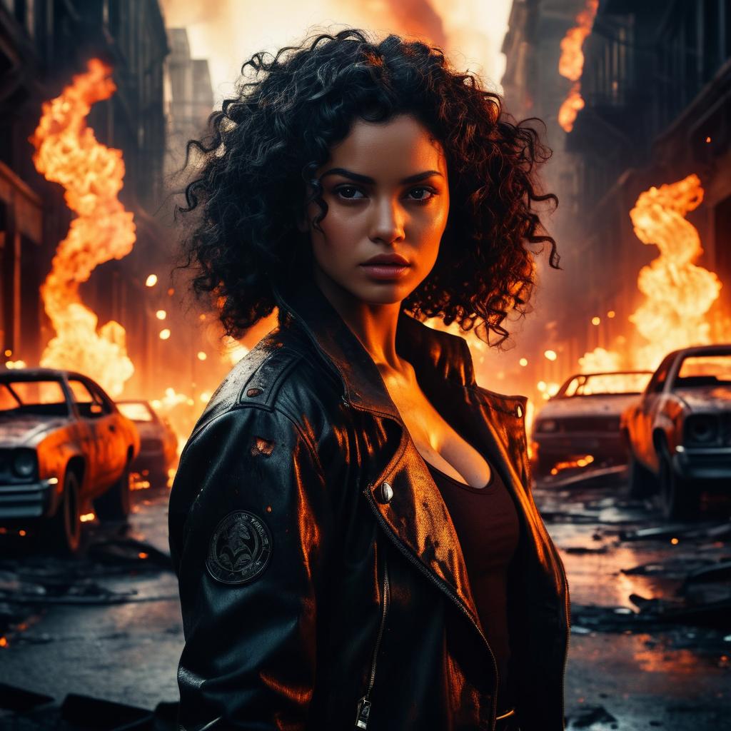 Fierce Woman in Leather Jacket Amidst Urban Fire Destruction