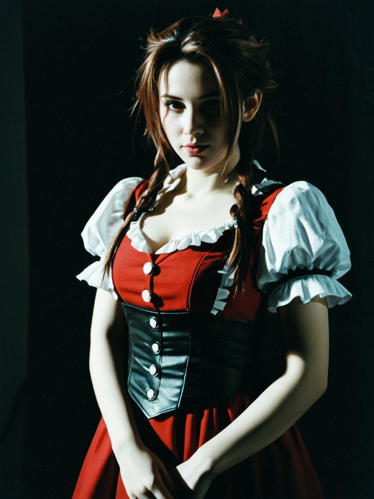 Woman in Aerith Cosplay Costume Waist Up Editorial Shot