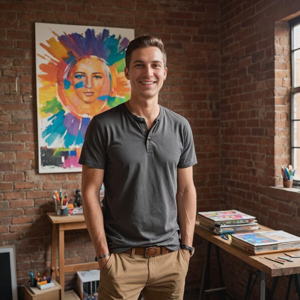 Confident Man in Creative Studio with Colorful Painting