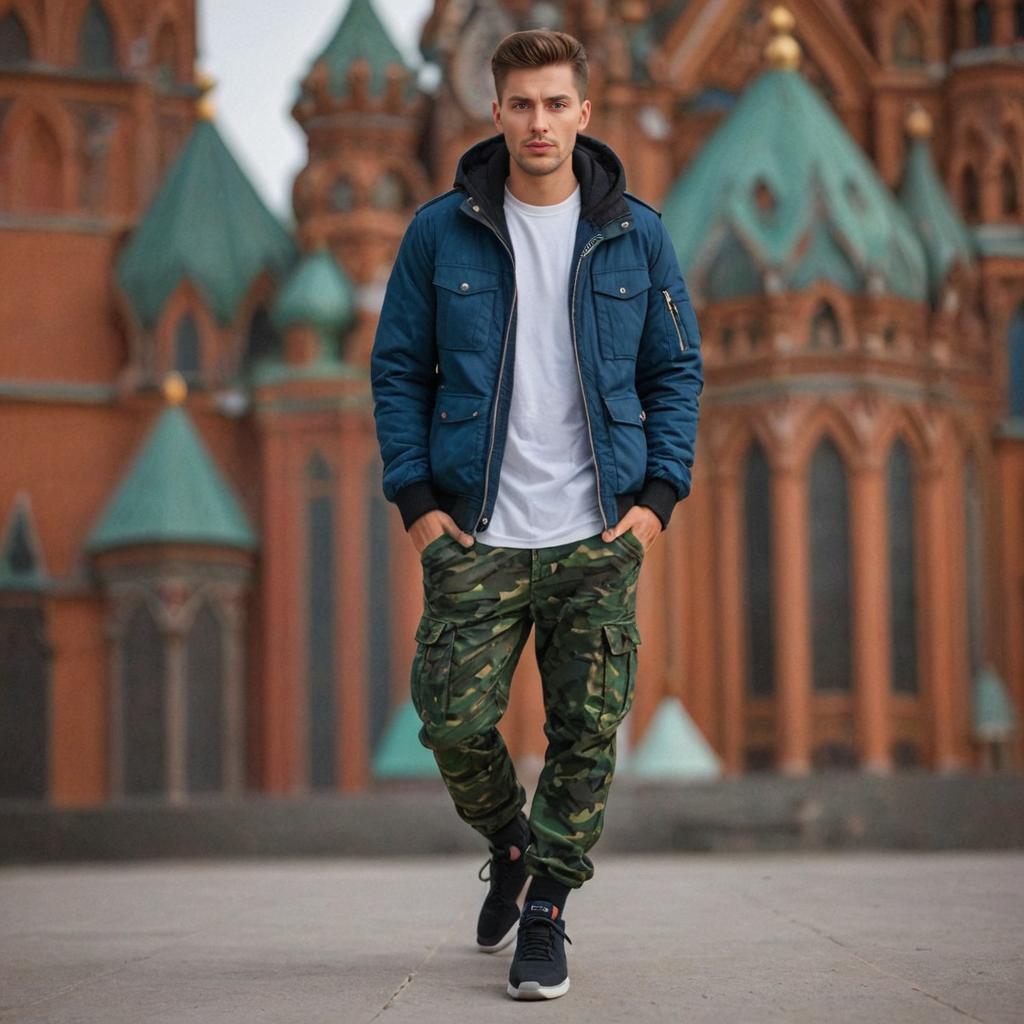 Stylish man in modern outfit at St. Basil's Cathedral