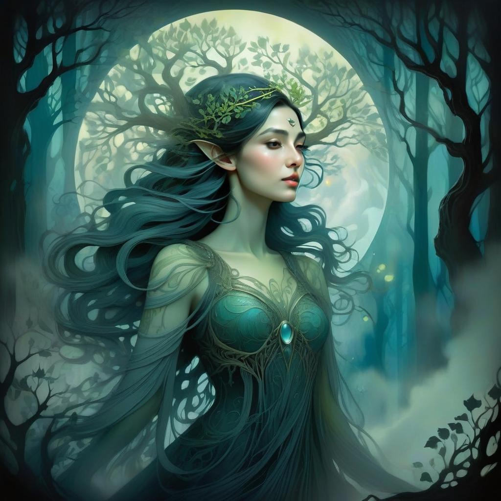 Mystical Elven Woman in Enchanted Forest