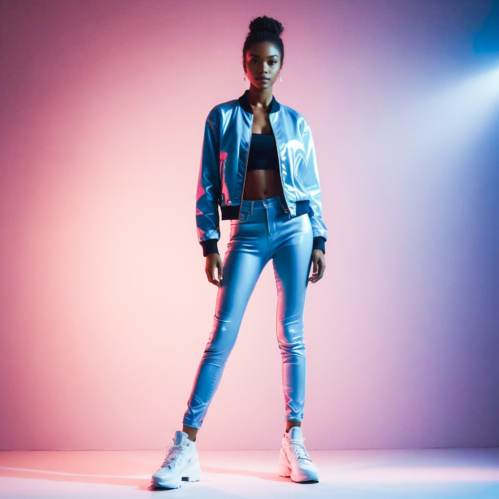 Confident Woman in Reflective Blue Streetwear